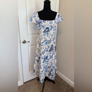 Avec Les Filles SZ 8 Blue and White Midi Dress Cap Sleeves Covered Zip Back